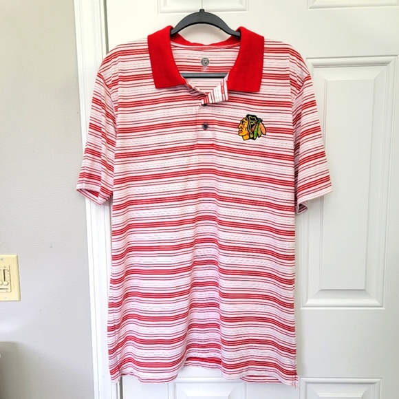 NHL Officially Licensed Chicago Blackhawks Rayon Polo Shirt Red White Striped L - Picture 1 of 9